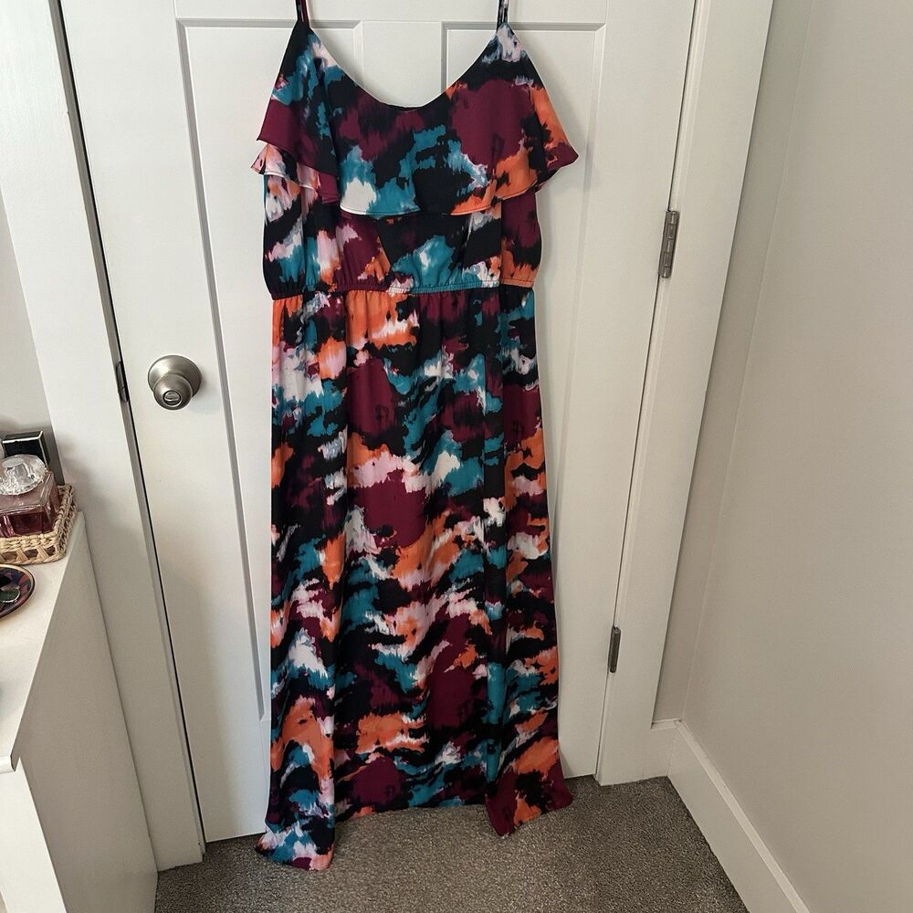 Multicolor Abstract Spaghetti Strap Ruffled Lift Dress Size 14